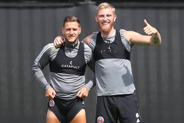 Billy Sharp and Oli McBurnie in training with Sheffield United ahead of the new season: Simon Bellis / Sportimage