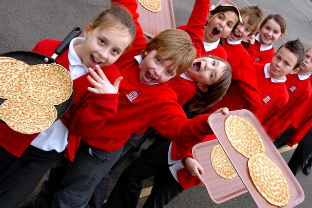 Tickhill Estfeld Primary School pupils Holly Brown, aged ten, Caitlan Whitmore, Genevieve Braund, Nadia Davenport, all aged nine,  and fellow pupils join in the Pancake Day fun in 2007