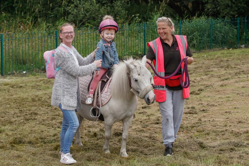 Gillian and daughter Lily on Bluebell with Janice from GGT Ponies, Cloybank. Picture: Scott Louden.