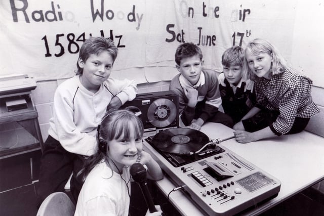 On the air at Roe Wood School, Sheffield, are, left to right,  DJ's Lyndsay Cann and Gavin Roberts (both 11) pictured with Keven Smith, Gary Smith and Gaynor Rodgers, May 25, 1989