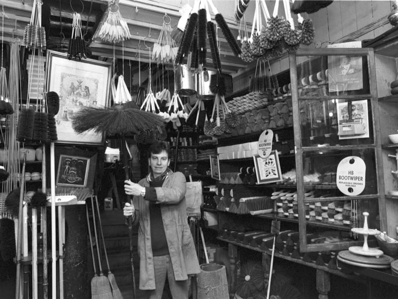 Stephen Gilhooly, owner of Robert Cresser (The Brush Shop) a specialised ironmongers in Victoria Street Edinburgh. Picture taken December 1985.