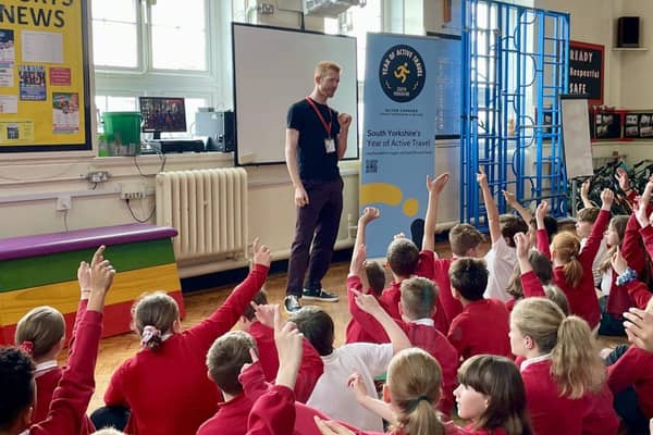 Ed Clancy answers questions from pupils at Marlcliffe Community Primary School