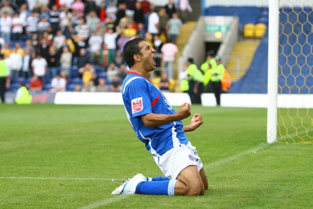 Celebrating scoring against Mansfield at Field Mill in 2007.
