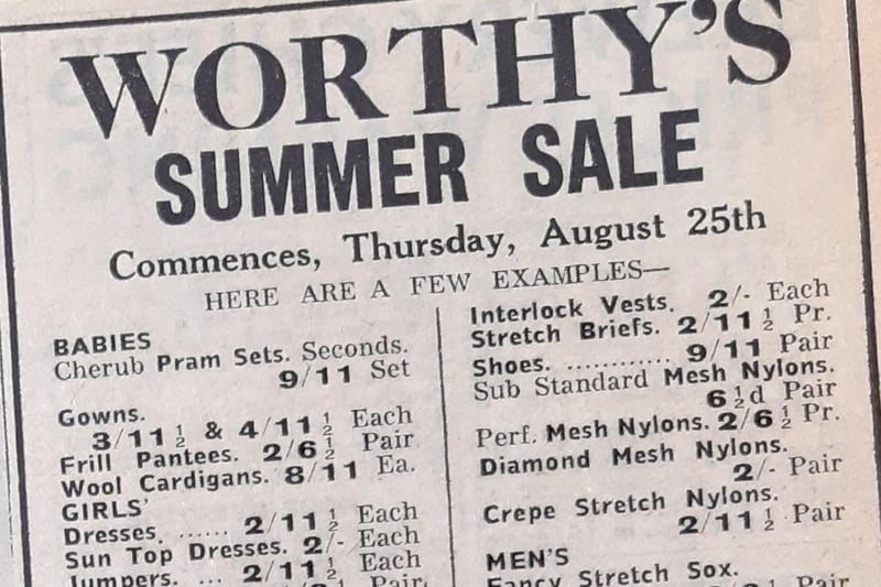 Sun top dresses for 2 shillings. Or wool cardigans for 8 shillings and 11 pence at Worthy's which had shops in Crowtree Road, Roker Avenue and New Silksworth.