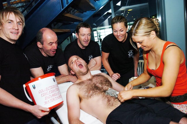 Firefighters from South Yorkshire volunteered to get waxed to raise money for two injured colleagues. Pictured at Cannon's Health club in Doncaster in 2008 were l-r Firefighter Mike Davidson, of Maltby Fire Station, Firefigher Dave Andrews, Firefighter Ryan Frost, Watch manager Paul Jennings, Firefighter Fleur Doyle, all of Mexborough Fire Station Red watch and Beauty Therapist Jody Nelthorpe. Picture