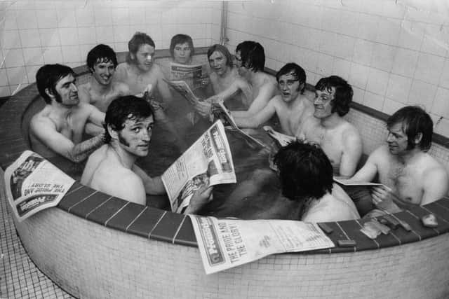 Sheffield United's players celebrate promotion in the Bramall Lane bath - 7 May 1971