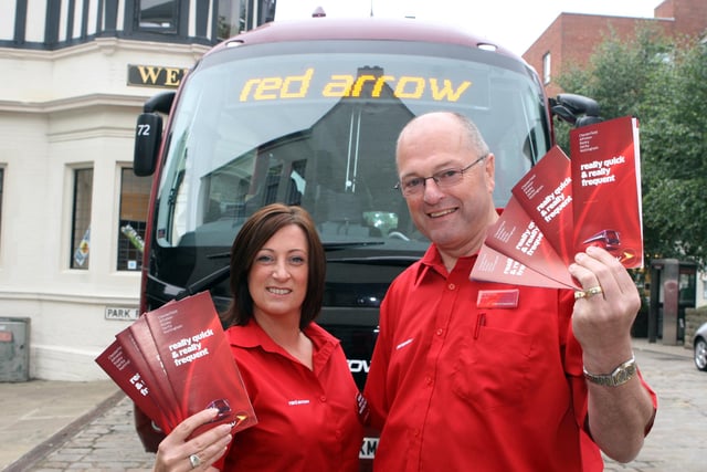 Red Arrow's new bus service  in 2010 l to r Sarah Taylor marketing manager, Dave Harrison driver