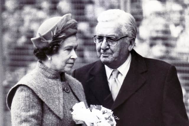 The Queen is pictured with Bert McGee, chairman of Sheffield Wednesday, to officially open the new Kop in December 1986.