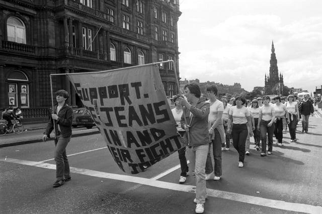Demonstrators from the Lee Jeans factory march through Princes Street on their way to New St Andrew's House in Edinburgh, July 1981.