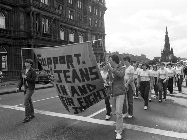 Demonstrators from the Lee Jeans factory march through Princes Street on their way to New St Andrew's House in Edinburgh, July 1981.