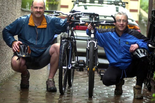 John Gilpin (left) and David Wright (right) who are taking part in the  Coast to Coast bike ride to raise funds for the Edale Mountain rescue team in 2002
