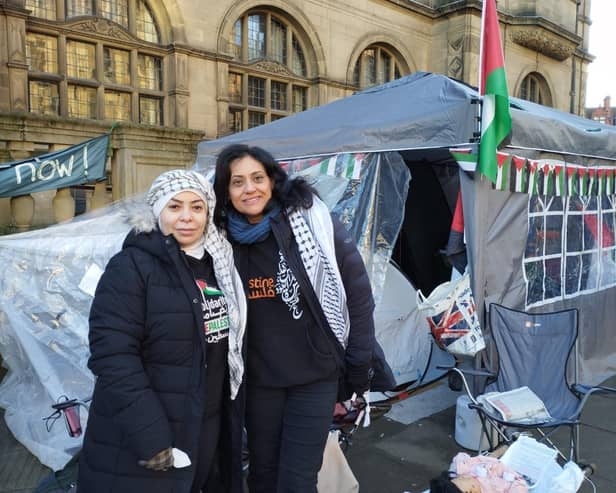 Lena Mussa and Sahar Awadallah, Palestinian refugees living in South Yorkshire, took part in a protest camp outside Barclays Bank in Sheffield city centre. Picture: Jon Cowley