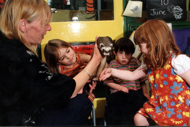 Artis pet sanctuary visited Carousel Day Nursery in 1998. Pictured: L-R Vicky Coley ( Artis) Daniella Shone - Laffay, Gary Taylor and Rhiannon Watson.