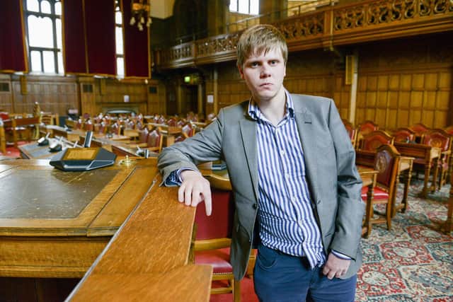 Councillor George Lindars-Hammond, executive member for health and social care and ward councillor for Hillsborough, in Sheffield Town Hall council chamber.