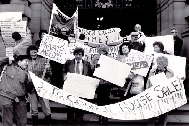 Protesters register their protest against the housing bill on the steps of Sheffield Town Hall in January 1989