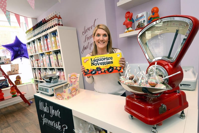 Jane Peckett in her brand new sweet shop in Sharrow Vale Road, Sheffield in 2014