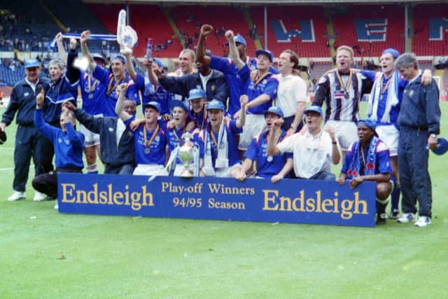Chesterfield celebrate winning promotion to Division Two after beating Bury 2-0 at Wembley in 1995.