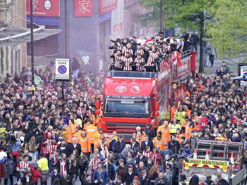 Sheffield United's players celebrate their promotion to the Premier League