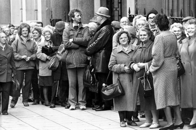 The queue outside the Cutlers Hall in 1990 for the North of England's largest holiday and travel exhibition sponsored by Sheffield Newspapers