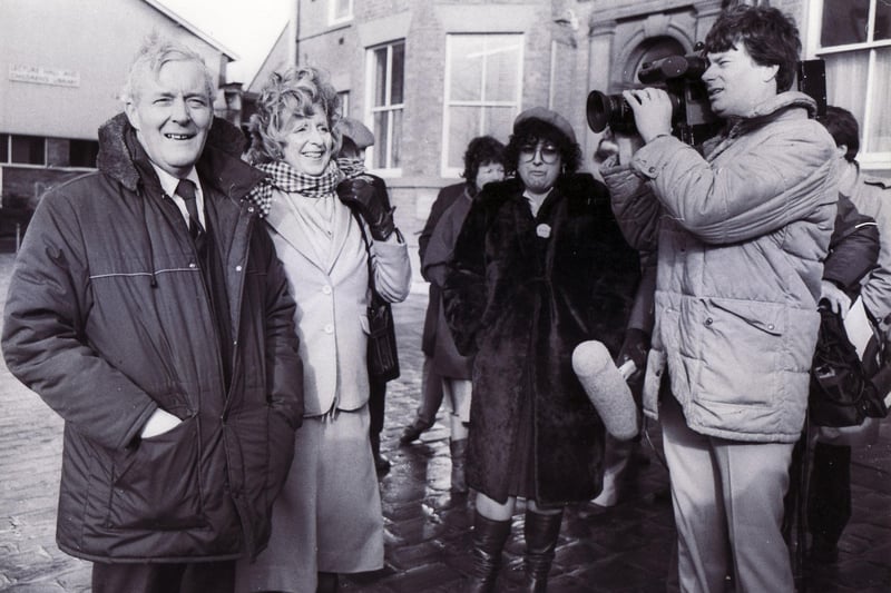 Tony Benn and his wife in Chesterfield's Market Square in 1984