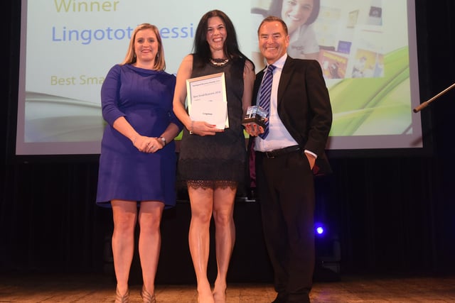 Abigail Curtis MD of Lingotot Teeside is pictured, centre, collecting her award in 2016. The company was set up in 2012 to encourage children to learn French and Spanish and by 2016, more than 2,000 children had been reached.