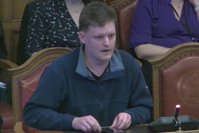 Charity volunteer Rob Reiss speaking at a meeting of Sheffield City Council about the effect of CAZ charges on charities working with vulnerable people