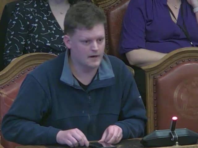 Charity volunteer Rob Reiss speaking at a meeting of Sheffield City Council about the effect of CAZ charges on charities working with vulnerable people