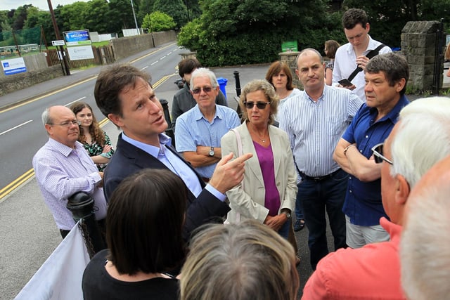 Save the Plough pub campaigners were joined by Nick Clegg outside the Plough in 2016, as part of the local community's efforts to highlight their concerns about the potential loss of the pub on Sandygate Road.