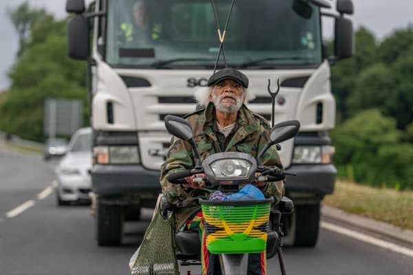 Paul Barber, as Horse, in front of a lorry on a mobility scooter in the new Full Monty series. Picture: Disney+