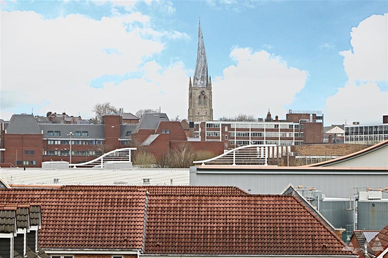 The flat, within walking distance of the town centre, train station and Royal Hospital, enjoys views over Chesterfield and the famous Crooked Spire from the balcony.