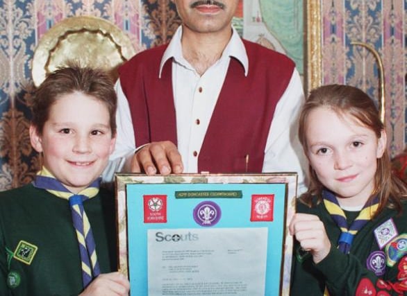Liaquat Ali pictured with 42nd Doncaster Scouts Emma Riley and Matthew Burham in 1996