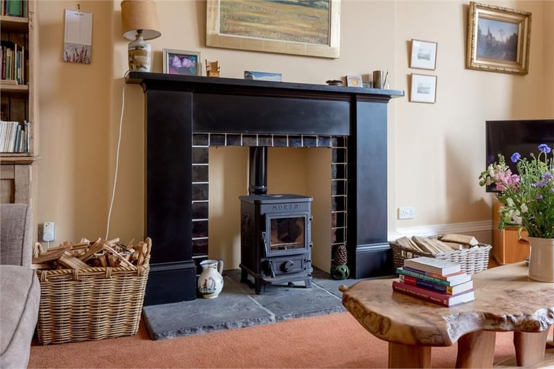 Log burning stove in drawing room.