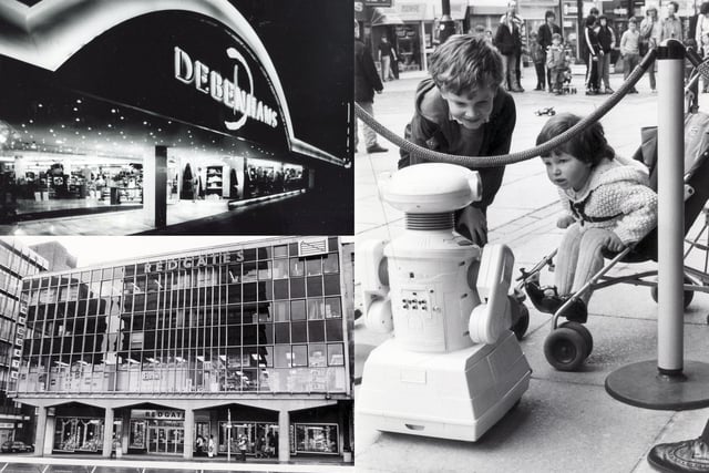 These are just some of the much-missed shops which have been lost in Sheffield over the years. Pictured here are Debenhams (top left), children looking at a robot outside Hamley's, and Redgates toy store (bottom left)
