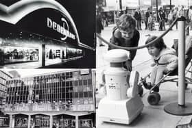 These are just some of the much-missed shops which have been lost in Sheffield over the years. Pictured here are Debenhams (top left), children looking at a robot outside Hamley's, and Redgates toy store (bottom left)