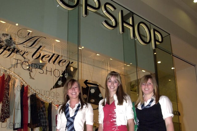 Isabel Hutton, 15, Rachael Crabtree, 14, and Eve Newton, 15, outside the newly opened Topshop in the Frenchgate Centre, Doncaster, before their  VIP fashion make-over in 2006