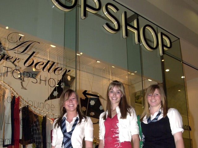 Isabel Hutton, 15, Rachael Crabtree, 14, and Eve Newton, 15, outside the newly opened Topshop in the Frenchgate Centre, Doncaster, before their VIP fashion make-over in 2006