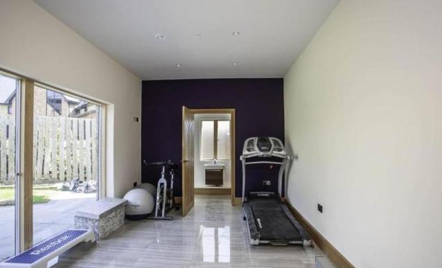 This space is currently used as a home-gym, with a glazed door to the garden. Tiling continues to the floor, with recessed spot lighting and a speak system.