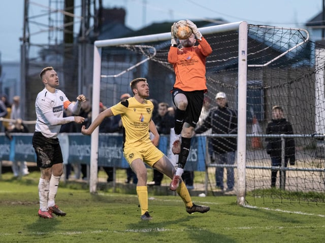 Action from Heanor Town v Selston at the Town Ground on Monday.