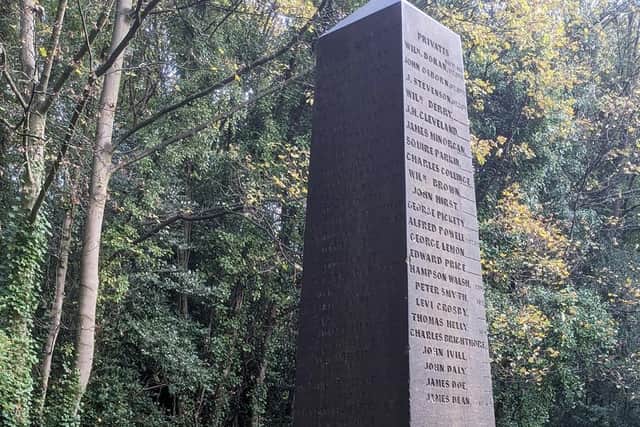 The obelisk at Wardsend Cemetery, Sheffield which is a memorial to men stationed at the nearby Hillsborough Barracks who died in the 19th century. It is used as a focal point for the cemetery's Remembrance services