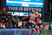 Birmingham, England, 4th February 2022. Jayden Bogle of Sheffield Utd celebrates scoring his sides second goal with Billy Sharp of Sheffield Utd during the Sky Bet Championship match at St Andrews, Birmingham. Picture credit should read: Simon Bellis / Sportimage