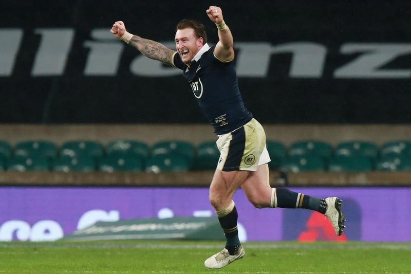 Stuart Hogg of Scotland celebrates following his side's victory after the Guinness Six Nations match between England and Scotland at Twickenham Stadium today. (Photo by David Rogers/Getty Images)