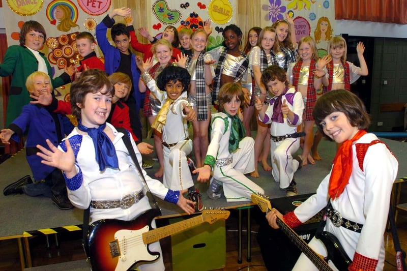 Members of the cast of Puppy Love in 2008, with foreground, left, Jacob Whawell and Tom Gill, at Lydgate Junior School, Crosspool.