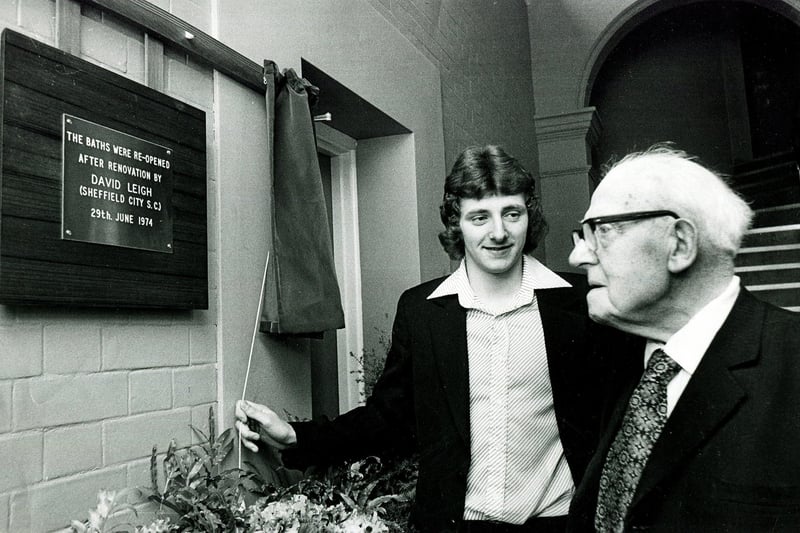 The re-opening of Glossop Road Swimming Baths, Sheffield, after renovation by David Leigh (Sheffield City S.C.), June 29, 1974