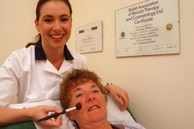 Therapist Catherine Millard with customer Pat Garlick at the Beauty Salon, Abbeydale Road back in 1997