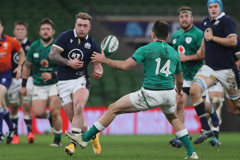 Ireland 31, Scotland 16: December 5, 2020, Autumn Nations Cup
Scotland captain Stuart Hogg looking to chip a ball past Hugo Keenan at Dublin's Aviva Stadium. (Photo by Brian Lawless/pool/Getty Images)