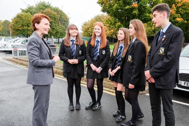 Britain's first female astronaut, Helen Sharman, with High Tunstall students (from left) Megan Smart, Kate Todd-Davis, Anna Acey, Amy Crowther and Matthew Ridley in 2015.