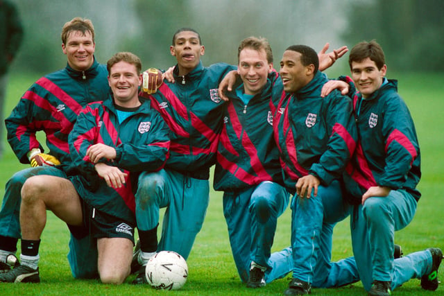 Nigel Clough (right) poses for a picture with Chris Woods, Paul Gascoigne, Carlton Palmer, David Platt and John Barnes during an England training session on February 15, 1993. Clough had made his senior international debut on 23 May 1989 against Chile at the age of 23. He played 14 times at senior level but didn't score in that time.