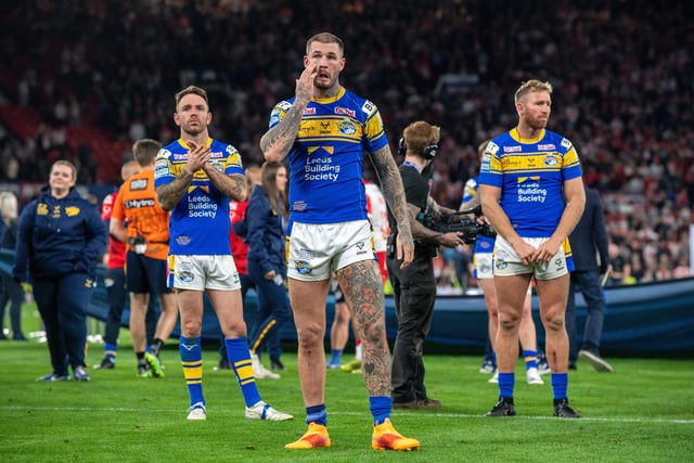Richie Myler, Zak Hardaker and Matt Prior look dejected as they thank Rhinos’ fans after the final whistle. (Image: Bruce Rollinson)