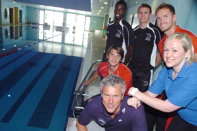 Five time Olympian and Strictly Come Dancing star Mark Foster launched the British Gas Swimfit programme at Nuffield Health and Fitness Centre in 2010. Clockwise from front are Mark Foster, Doncaster Rovers player George Friend, Doncaster Knights player Matthew Williams and Oli Goss, Doncaster Rovers player Martin Woods, and Vicky Norman of the Amatuer Swimming Association