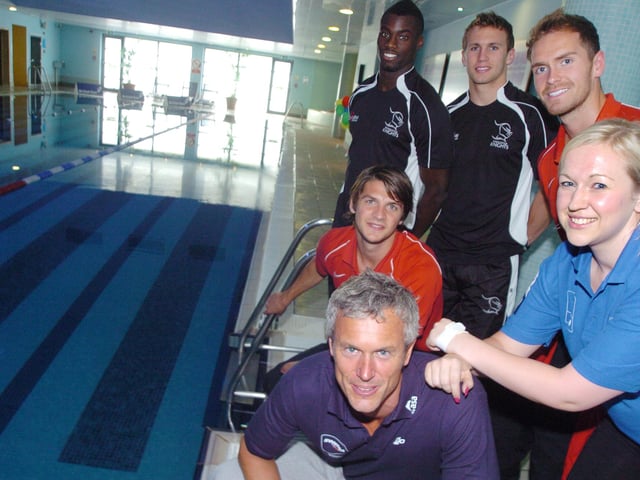 Five time Olympian and Strictly Come Dancing star Mark Foster launched the British Gas Swimfit programme at Nuffield Health and Fitness Centre in 2010. Clockwise from front are Mark Foster, Doncaster Rovers player George Friend, Doncaster Knights player Matthew Williams and Oli Goss, Doncaster Rovers player Martin Woods, and Vicky Norman of the Amatuer Swimming Association